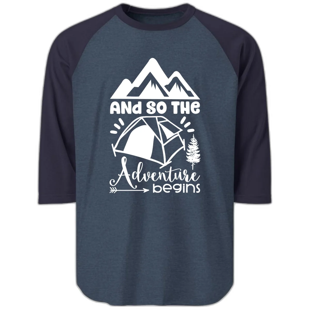 And So The Adventure Begins Raglan 3/4 in Heather Denim Navy