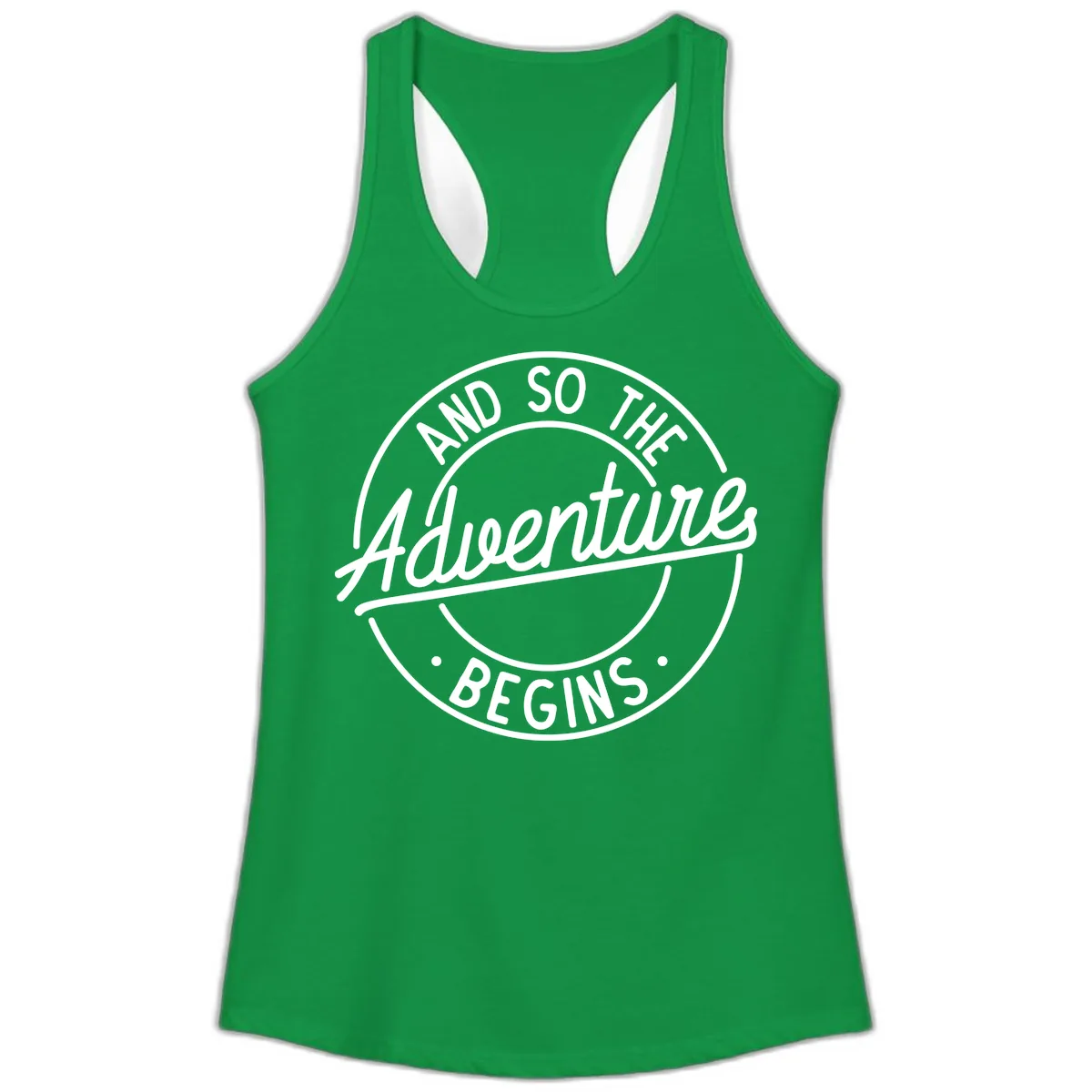 And So The Adventure Begins Ladies Tank in Solid Kelly Green