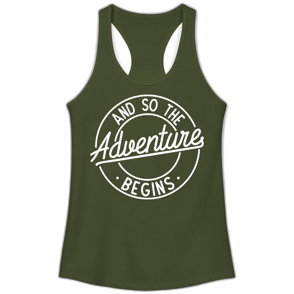 And So The Adventure Begins Ladies Tank in Solid Military Green