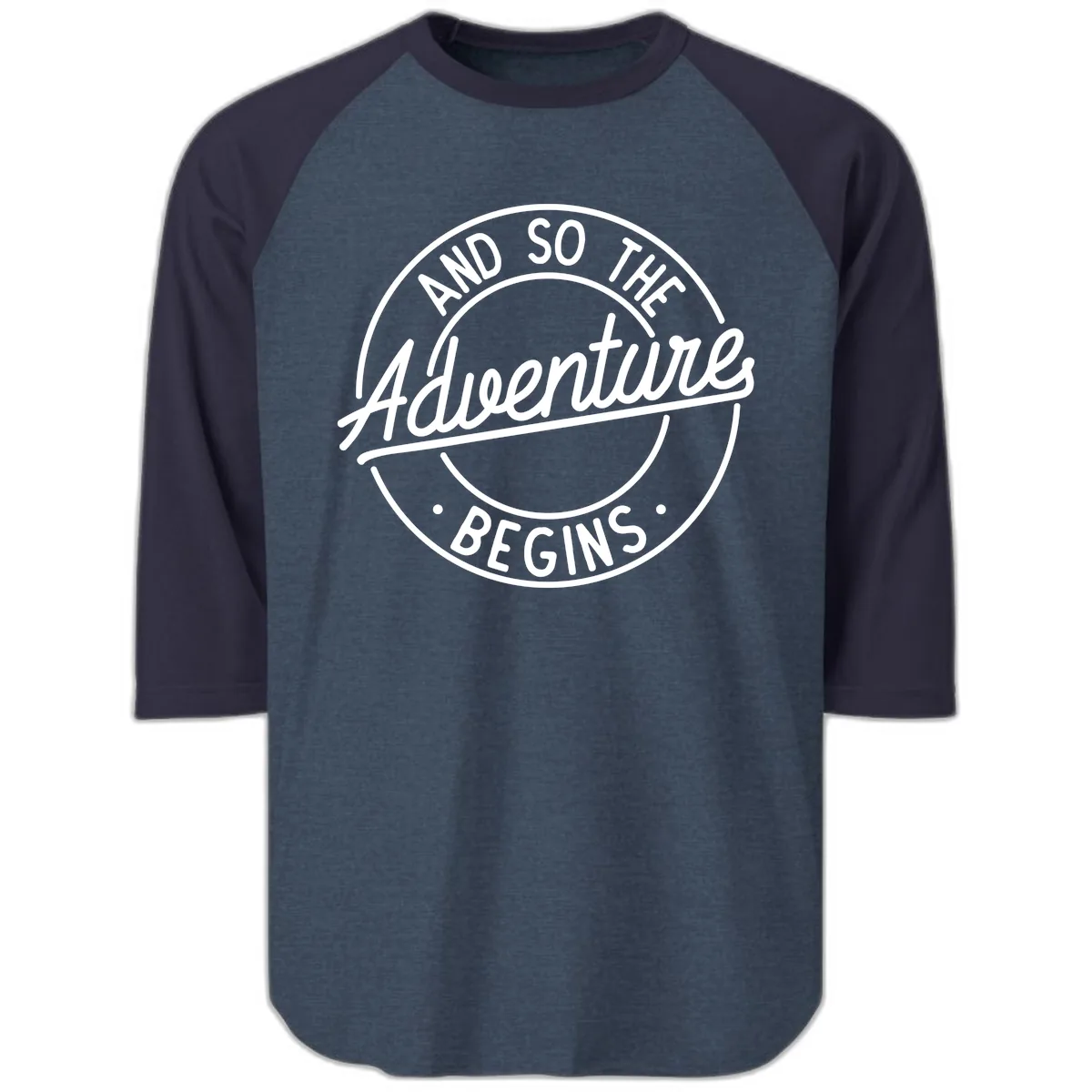 And So The Adventure Begins Raglan 3/4 in Heather Denim Navy