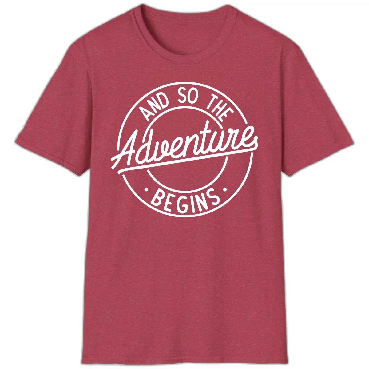 And So The Adventure Begins T-Shirt in Heather Cardinal