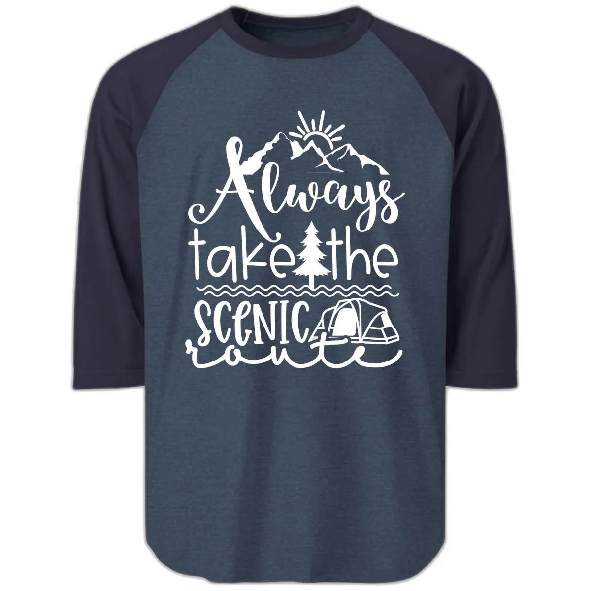 Always Take The Scenic Route Raglan 3/4 in Heather Denim Navy