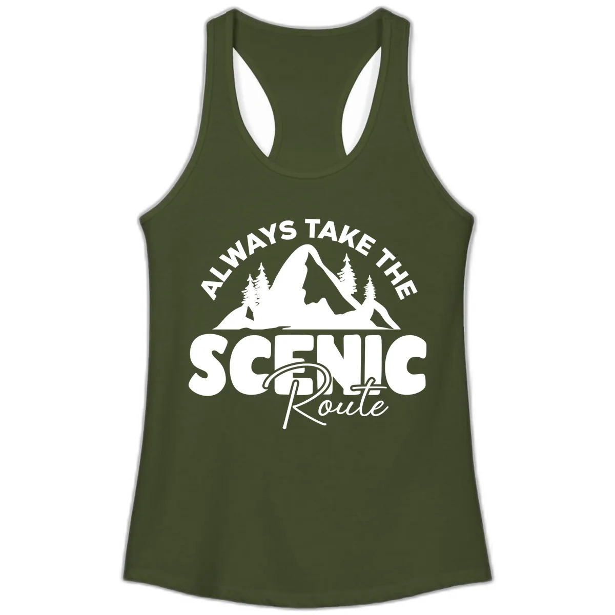 All Ways Take The Scenic Route Ladies Tank in Solid Military Green