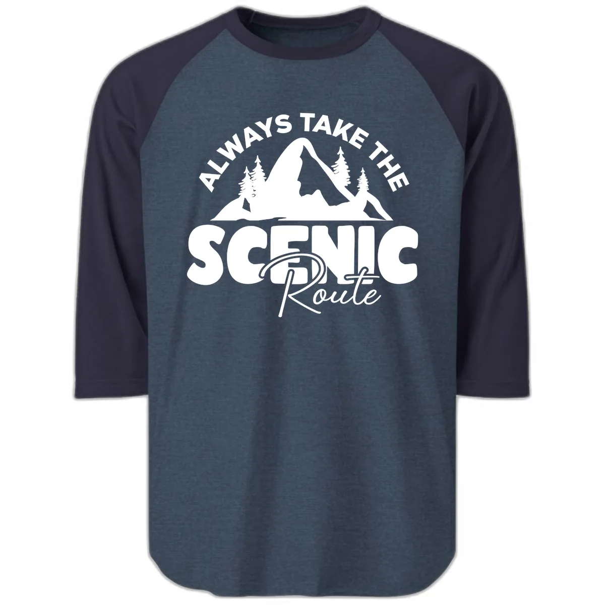 All Ways Take The Scenic Route Raglan 3/4 in Heather Denim Navy