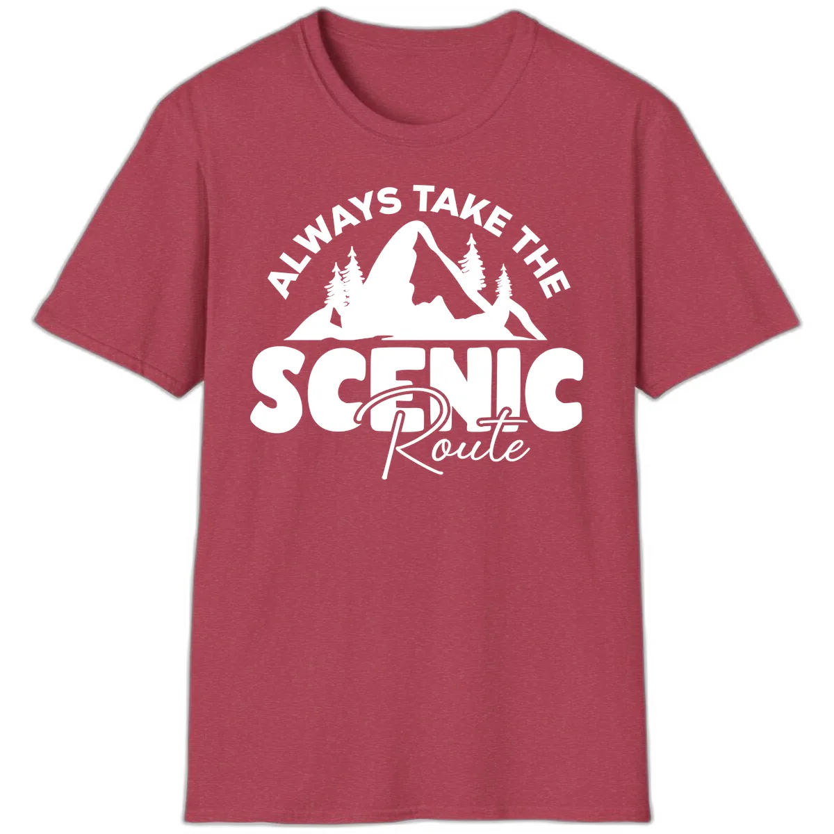 All Ways Take The Scenic Route T-Shirt in Heather Cardinal