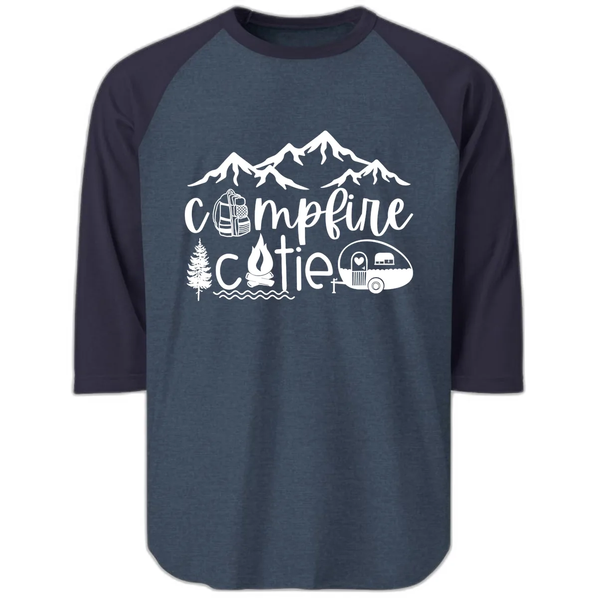 Campfire Cutie Adventure Raglan 3/4 in Heather Denim Navy