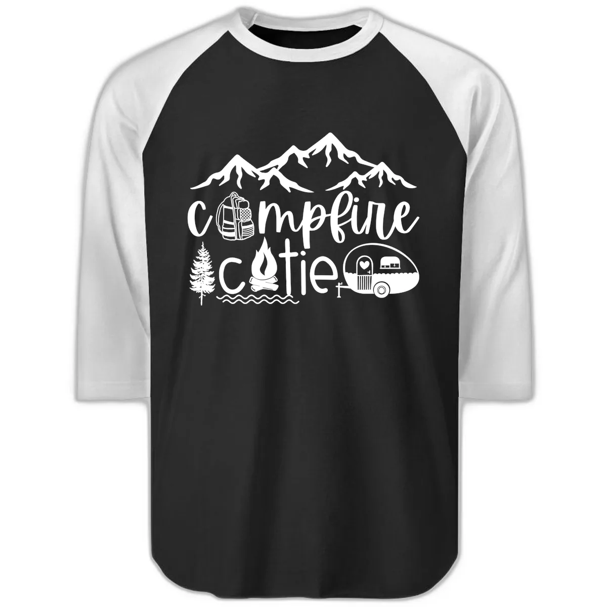 Campfire Cutie Adventure Raglan 3/4 in Black White