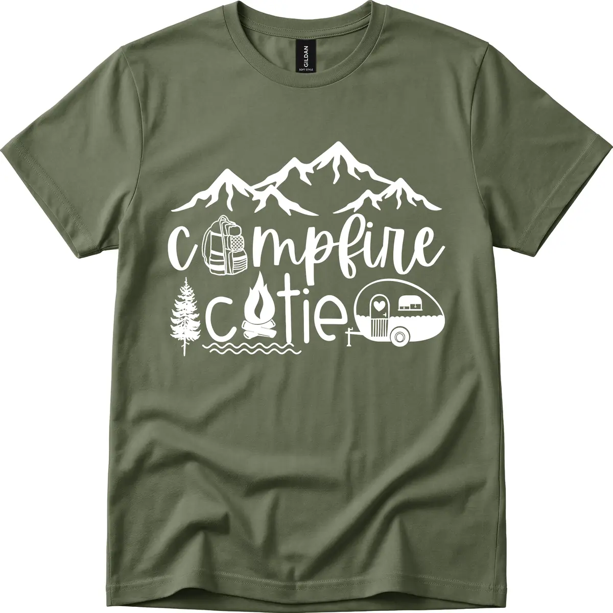 Campfire Cutie Adventure T-Shirt in Military Green