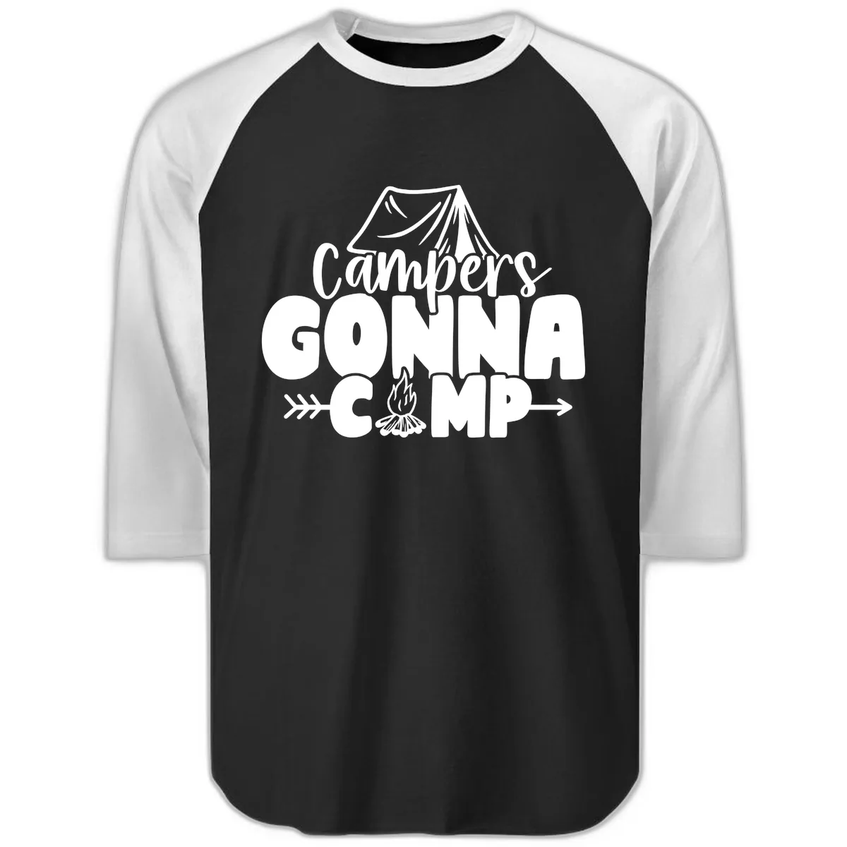 Campers Gonna Camp Raglan 3/4 in Black White