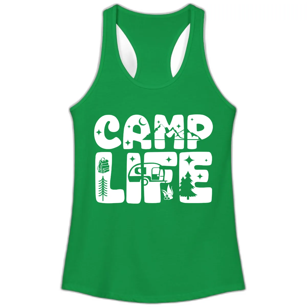 Camp Life Adventure Grid Ladies Tank in Solid Kelly Green