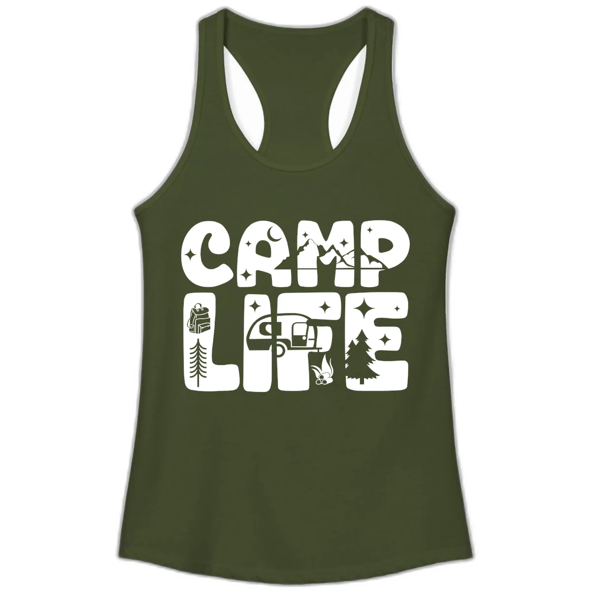 Camp Life Adventure Grid Ladies Tank in Solid Military Green