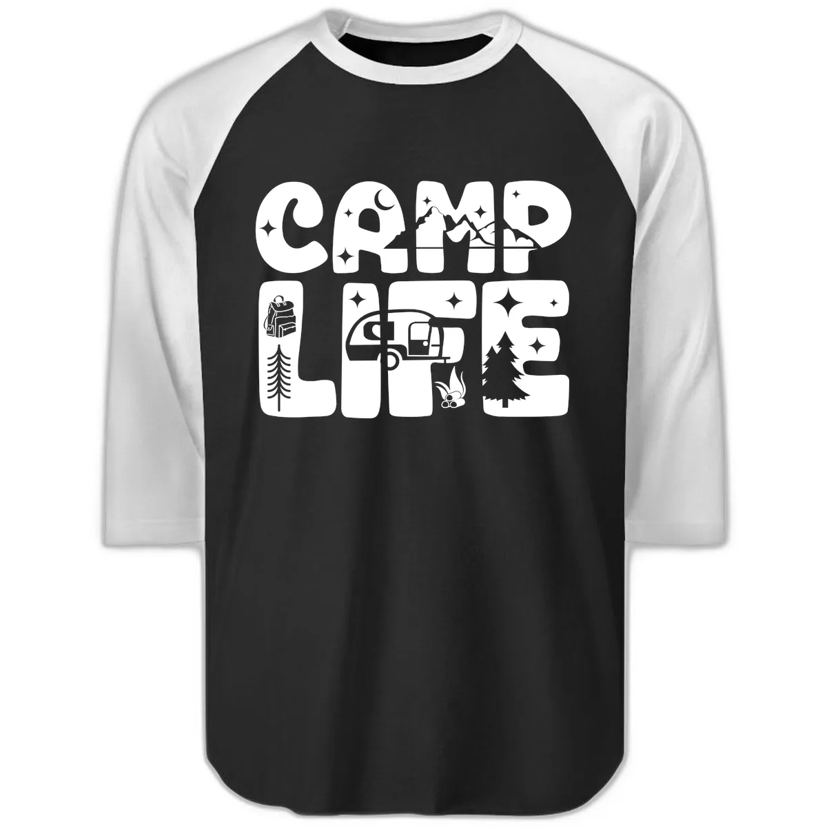 Camp Life Adventure Grid Raglan 3/4 in Black White