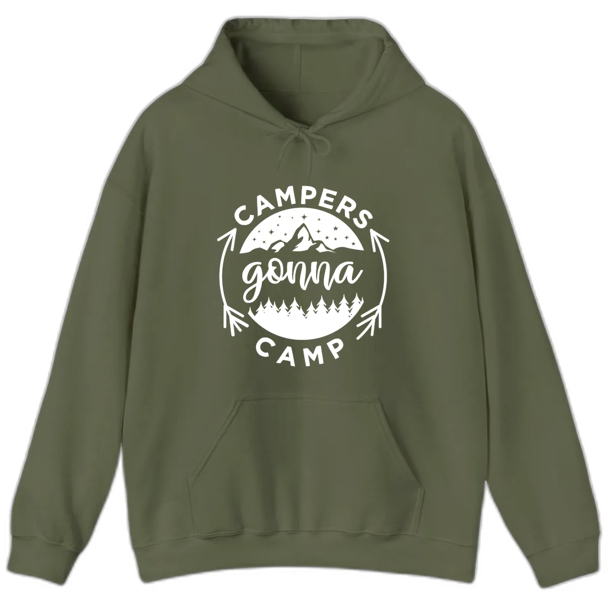 Campers Gonna Camp Mountain Badge Hoodie in Military Green