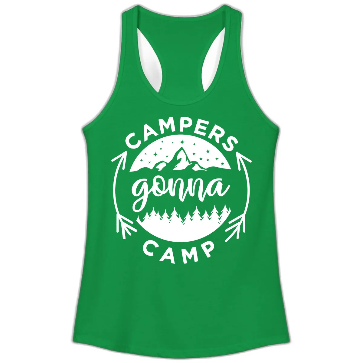Campers Gonna Camp Mountain Badge Ladies Tank in Solid Kelly Green