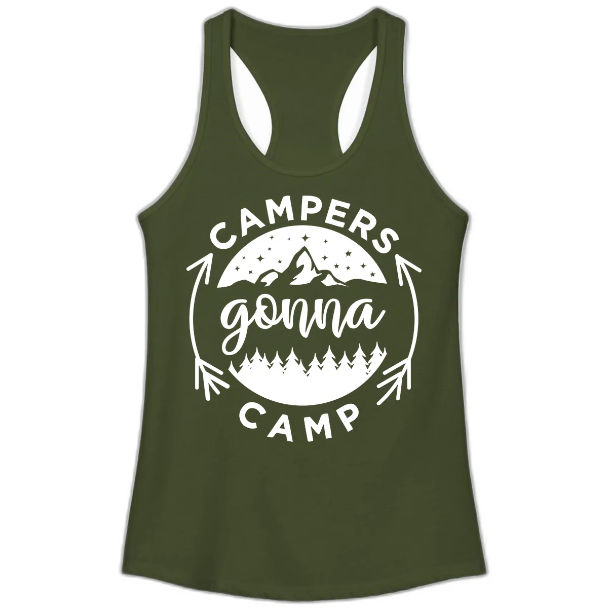 Campers Gonna Camp Mountain Badge Ladies Tank in Solid Military Green