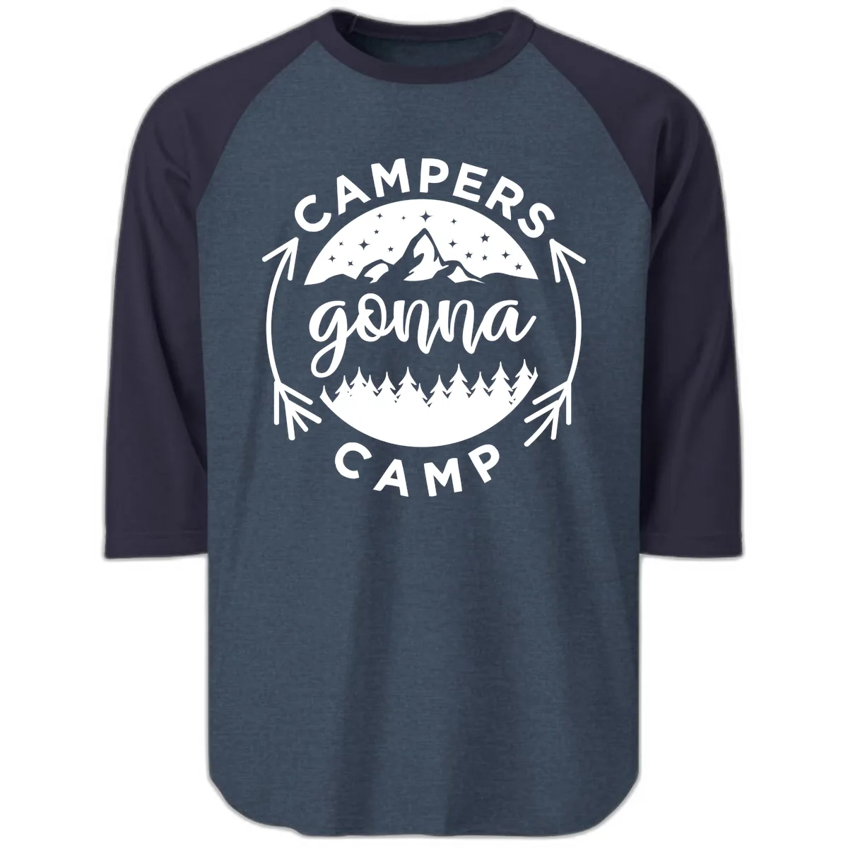 Campers Gonna Camp Mountain Badge Raglan 3/4 in Heather Denim Navy