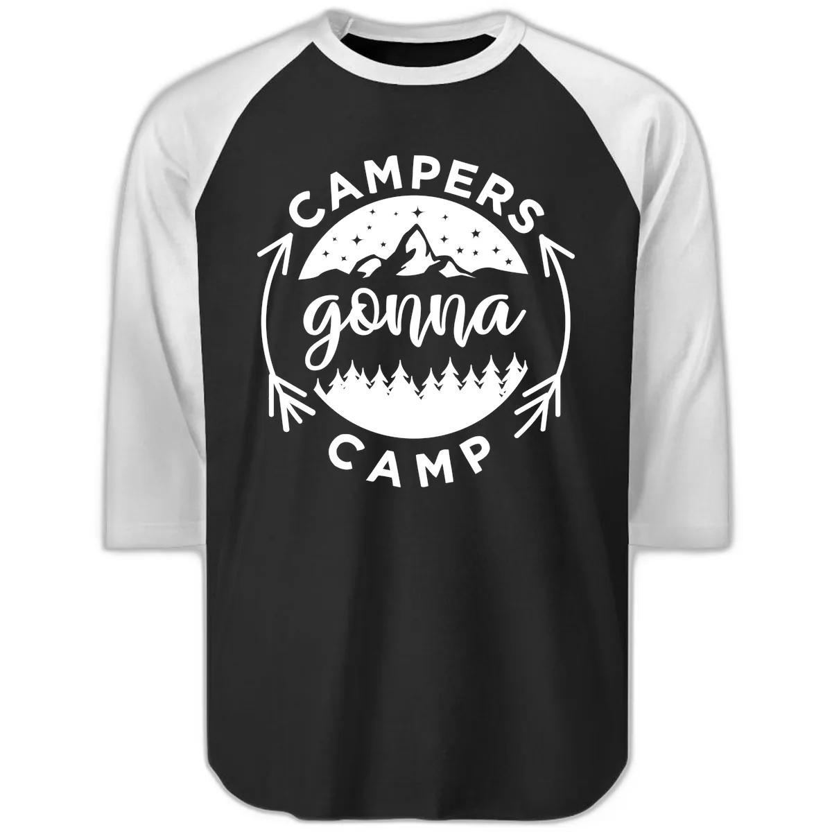 Campers Gonna Camp Mountain Badge Raglan 3/4 in Black White