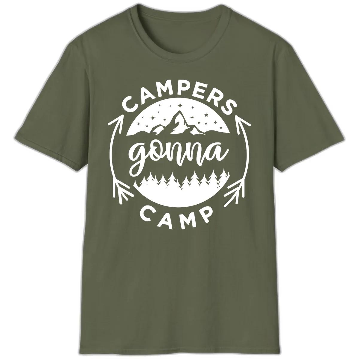 Campers Gonna Camp Mountain Badge T-Shirt in Military Green