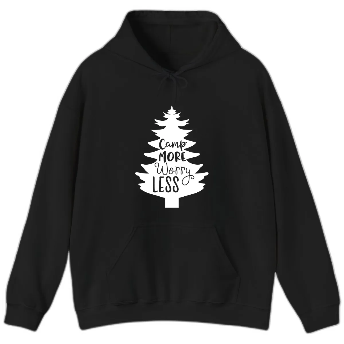 Camp More Worry Less Pine Tree Hoodie in Black