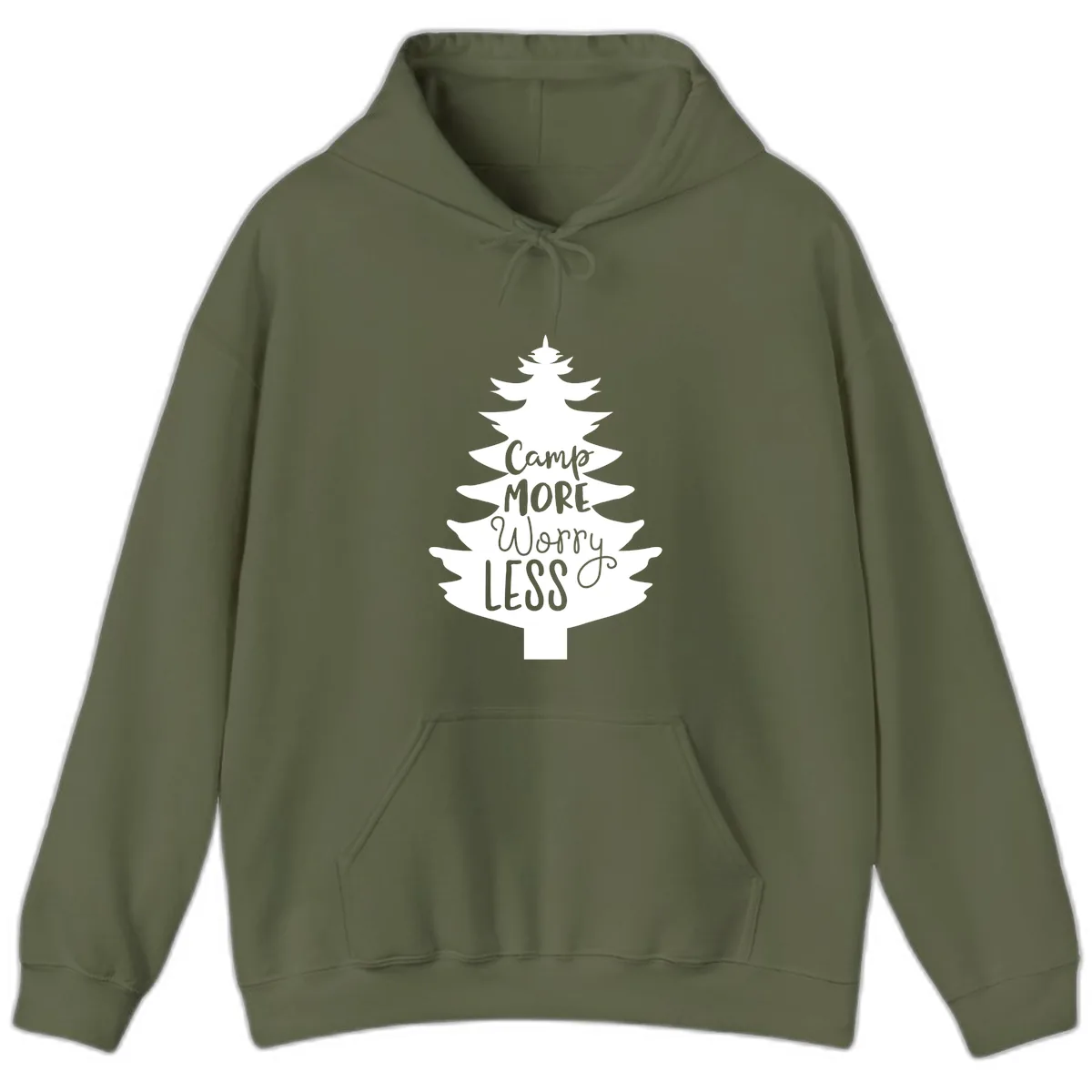 Camp More Worry Less Pine Tree Hoodie in Military Green