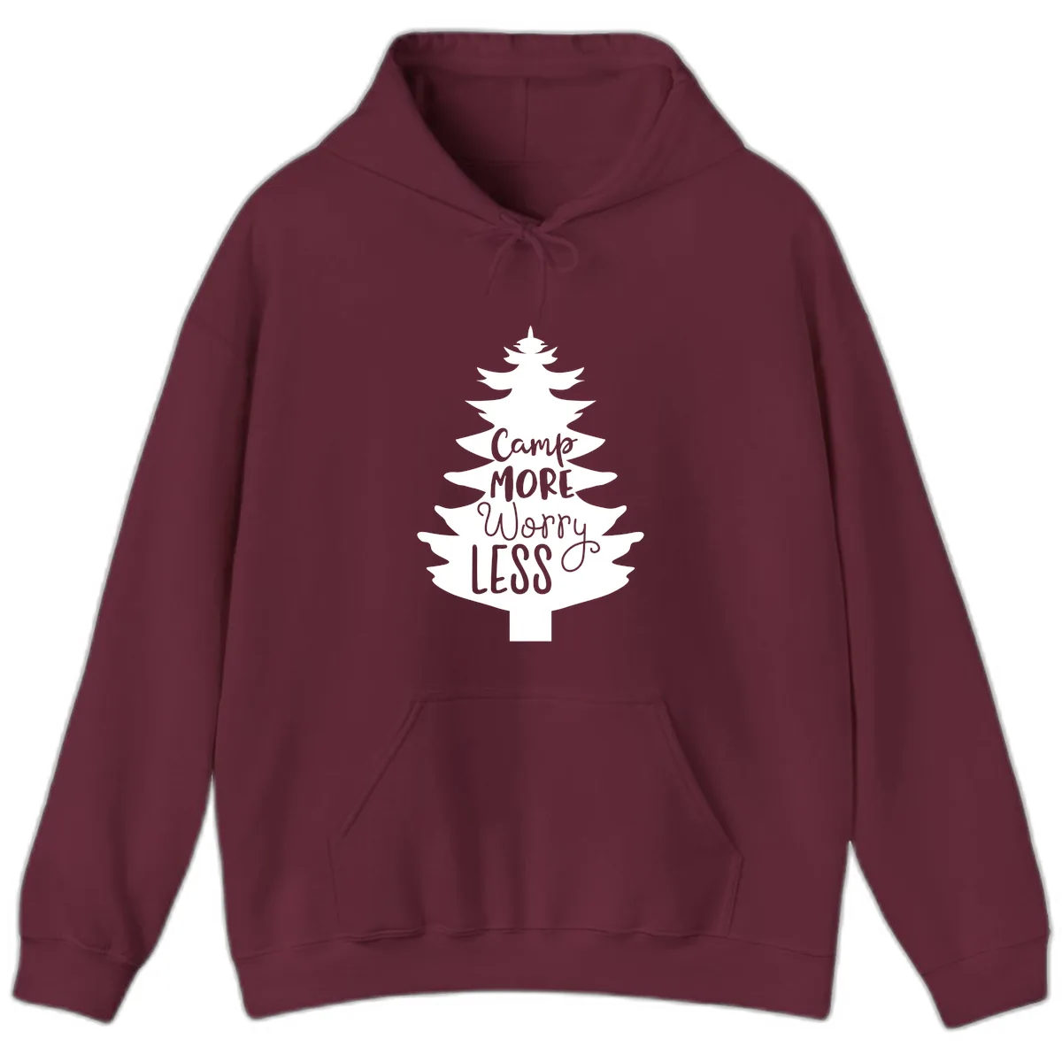 Camp More Worry Less Pine Tree Hoodie in Maroon