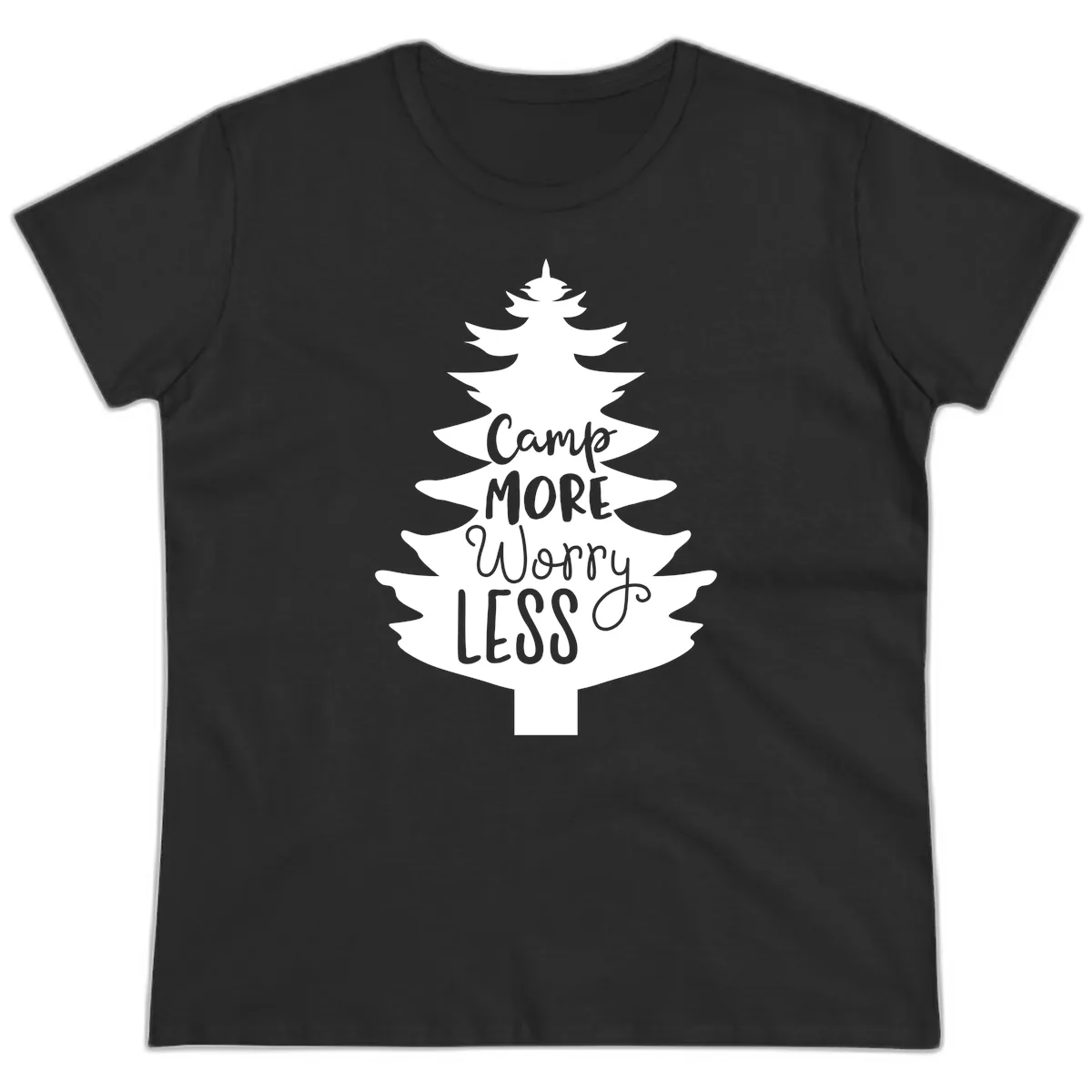 Camp More Worry Less Pine Tree Ladies Tee in Black