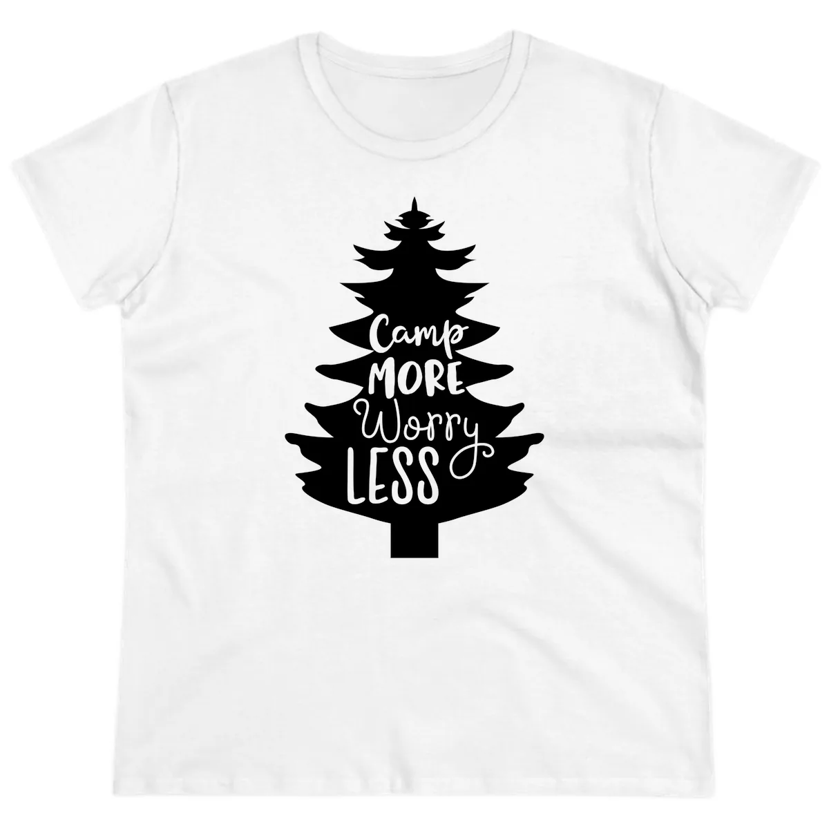 Camp More Worry Less Pine Tree Ladies Tee in White