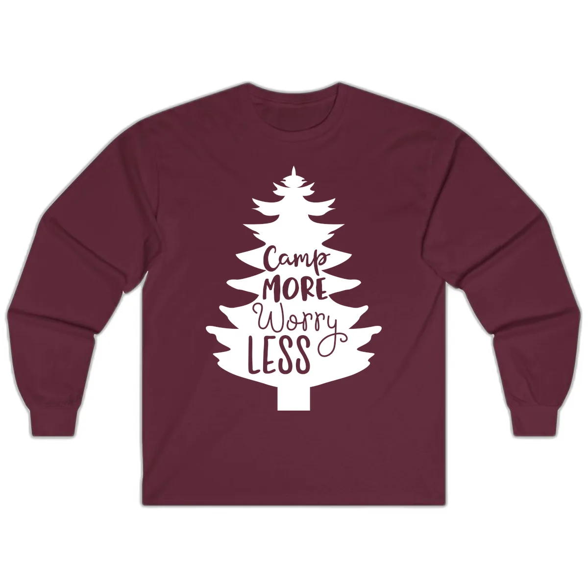 Camp More Worry Less Pine Tree Long Sleeve in Maroon