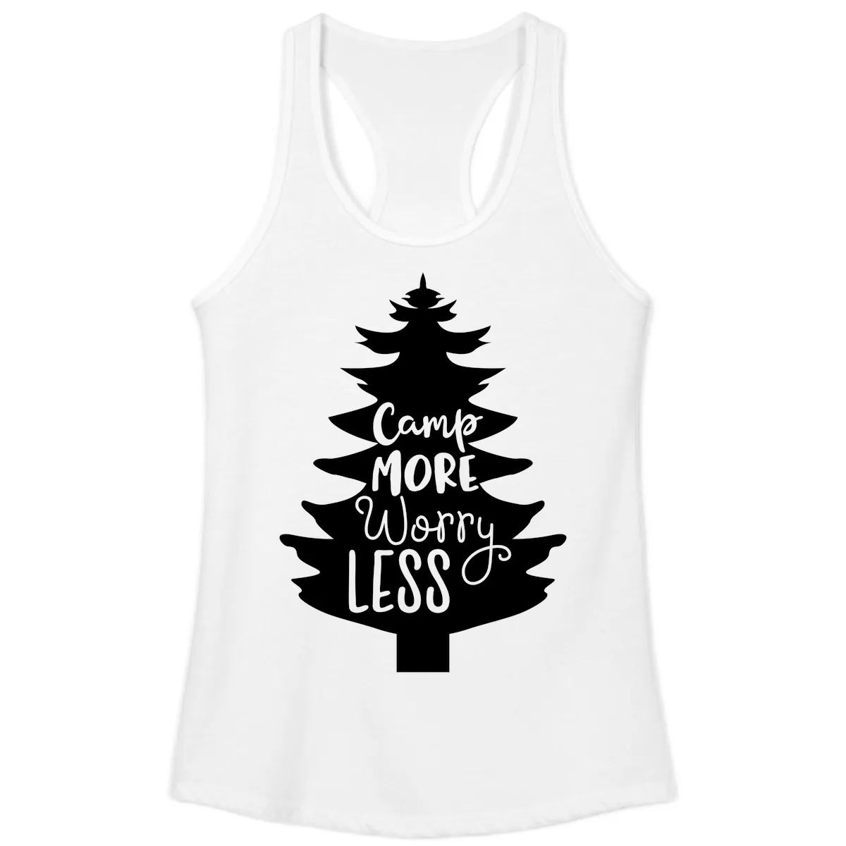 Camp More Worry Less Pine Tree Ladies Tank in White