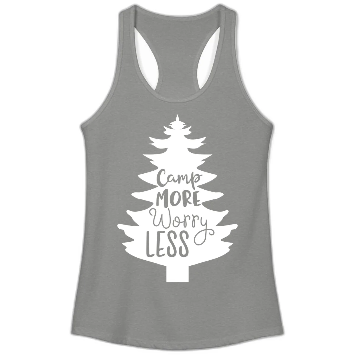 Camp More Worry Less Pine Tree Ladies Tank in Heather Grey