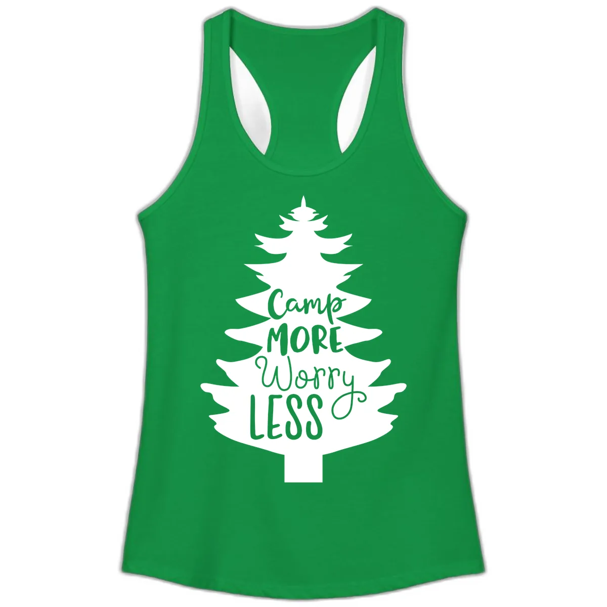 Camp More Worry Less Pine Tree Ladies Tank in Solid Kelly Green