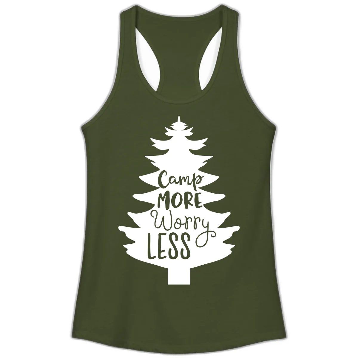 Camp More Worry Less Pine Tree Ladies Tank in Solid Military Green