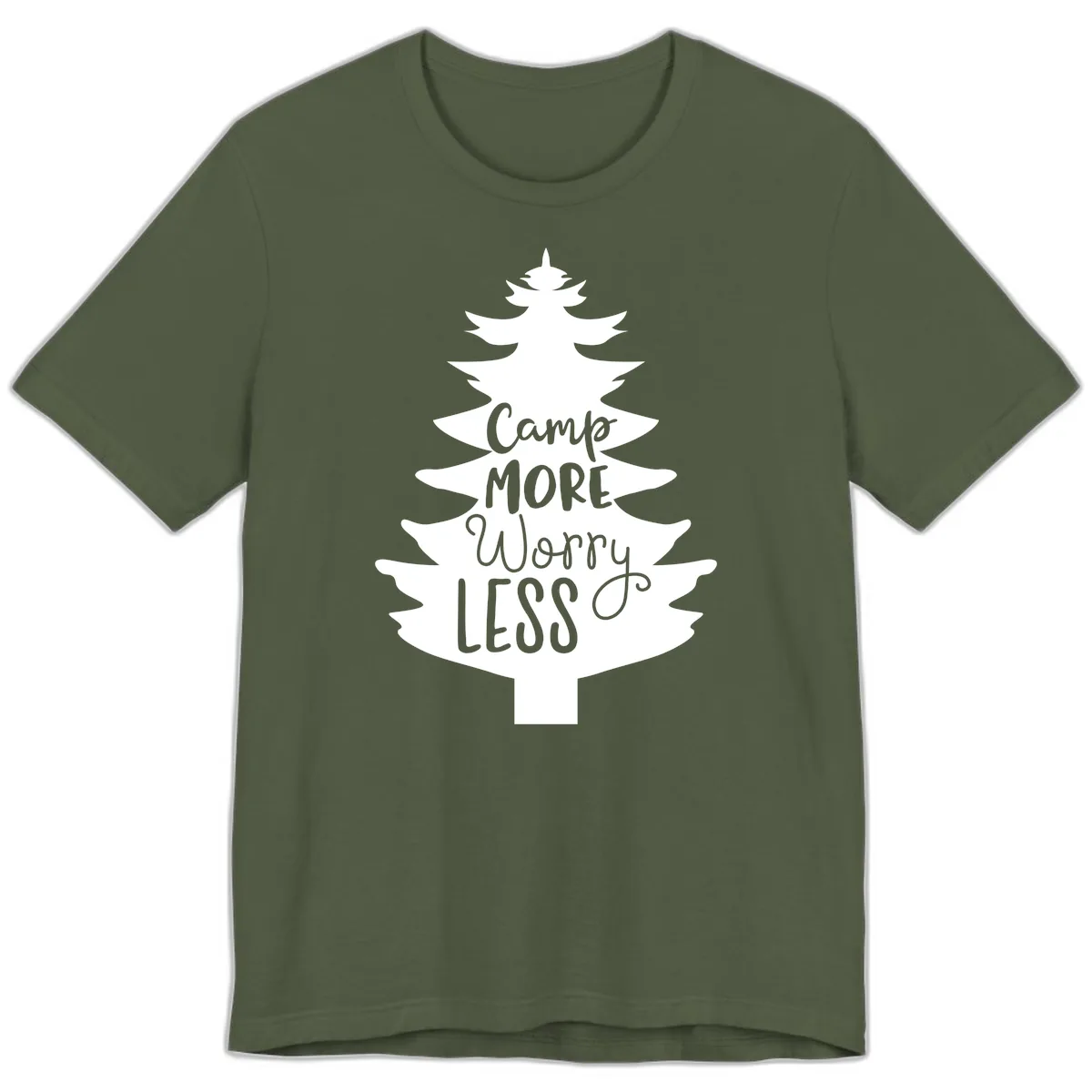 Camp More Worry Less Pine Tree Premium T-Shirt in Military Green