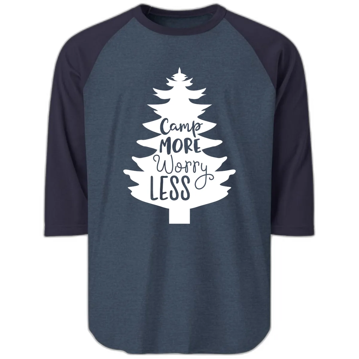 Camp More Worry Less Pine Tree Raglan 3/4 in Heather Denim Navy