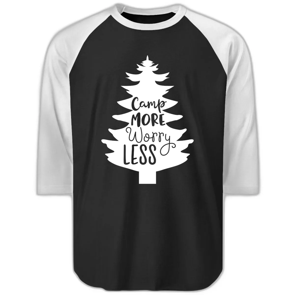 Camp More Worry Less Pine Tree Raglan 3/4 in Black White