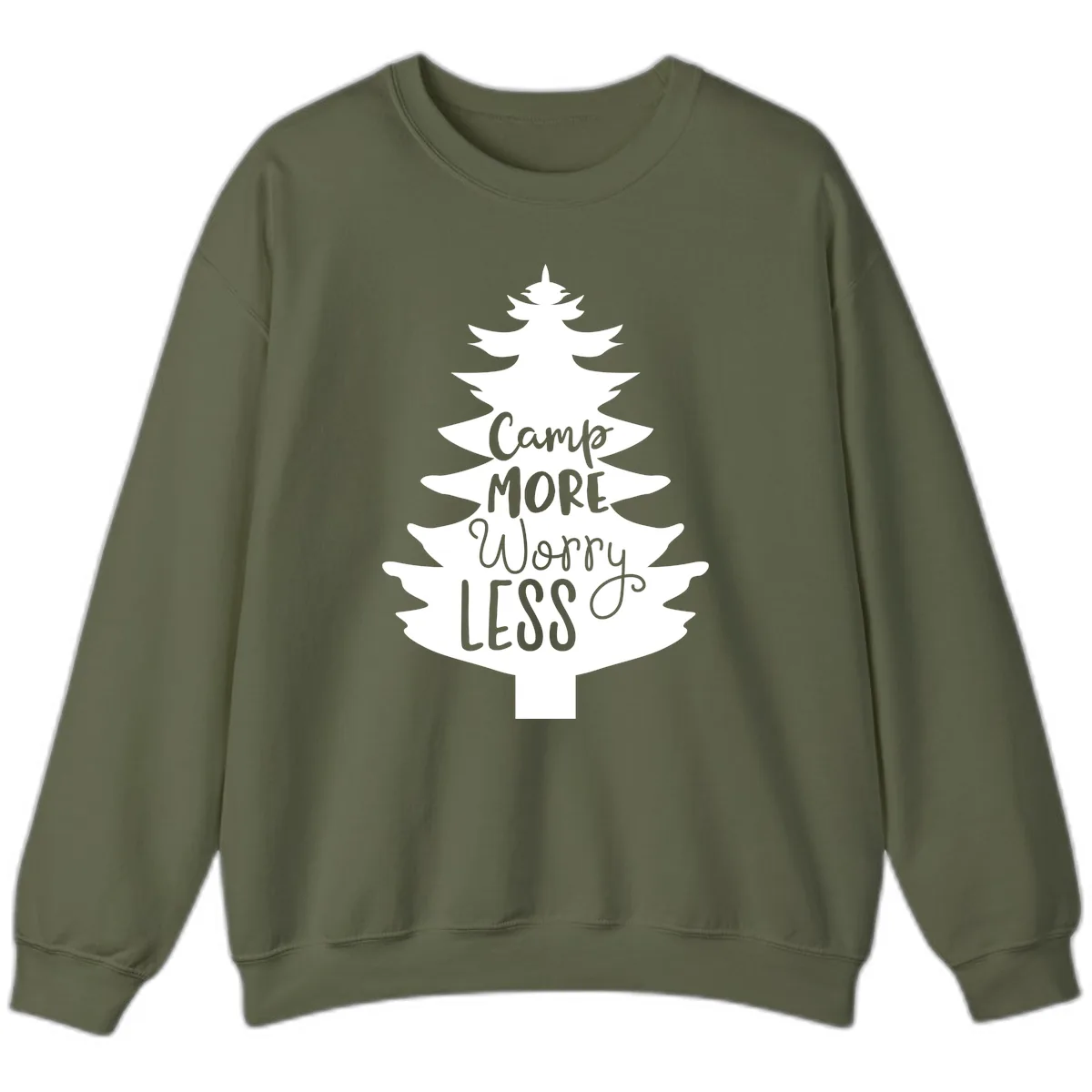 Camp More Worry Less Pine Tree Sweatshirt in Military Green