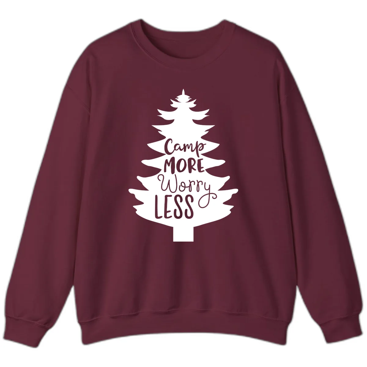 Camp More Worry Less Pine Tree Sweatshirt in Maroon