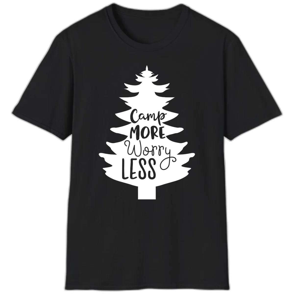 Camp More Worry Less Pine Tree T-Shirt in Black