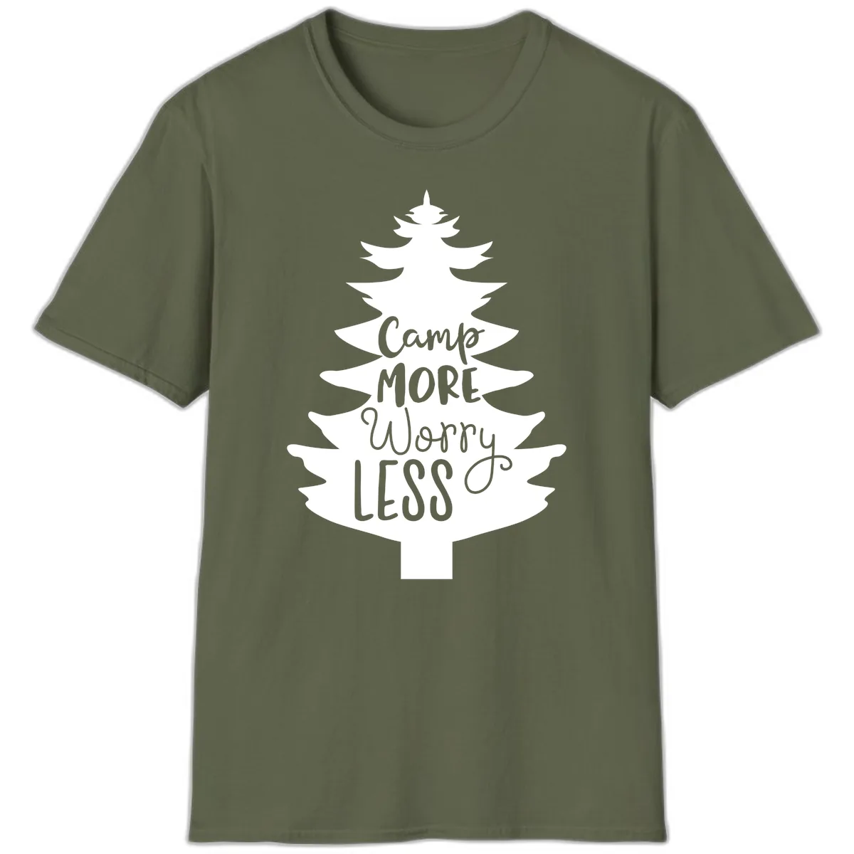 Camp More Worry Less Pine Tree T-Shirt in Military Green