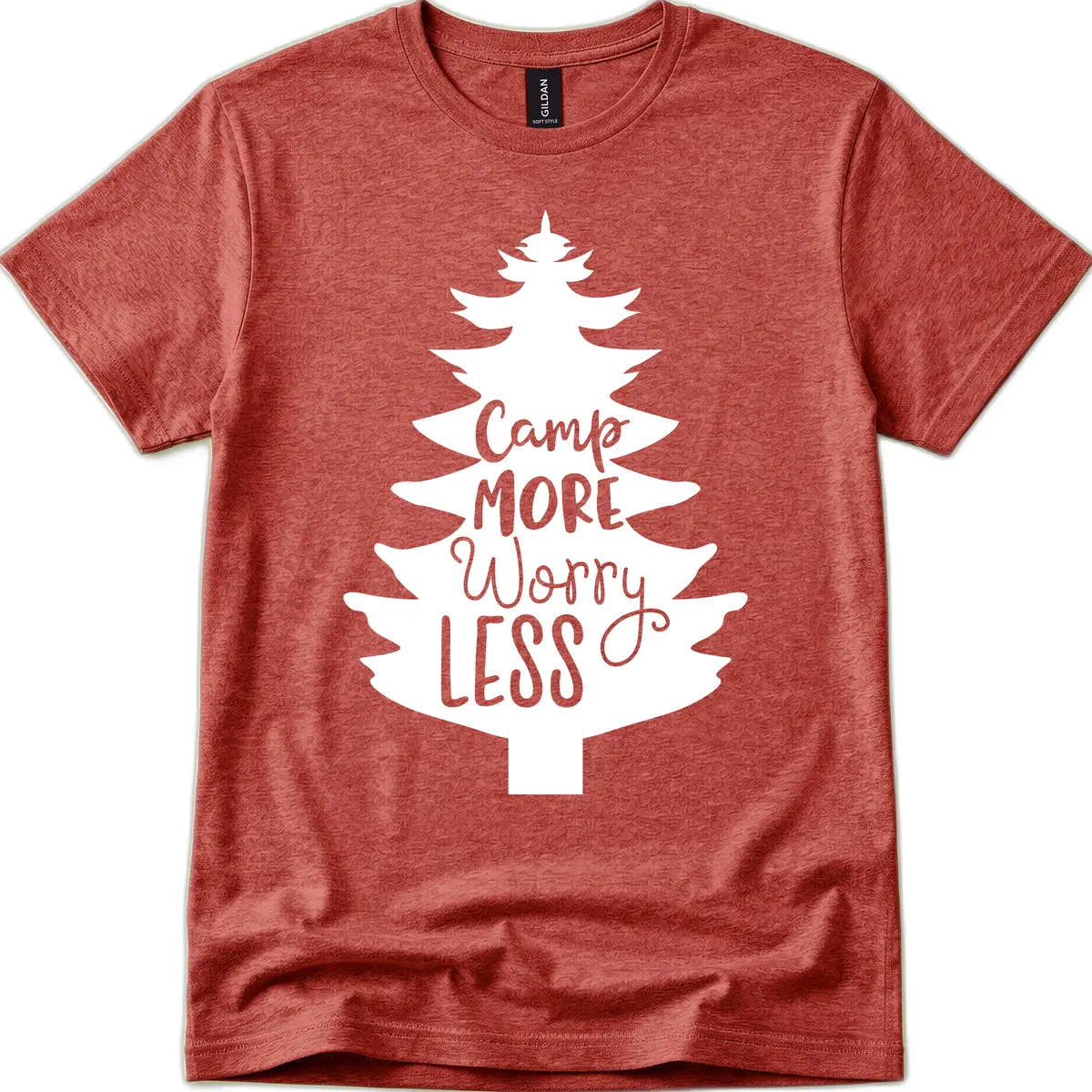 Camp More Worry Less Pine Tree T-Shirt in Heather Cardinal