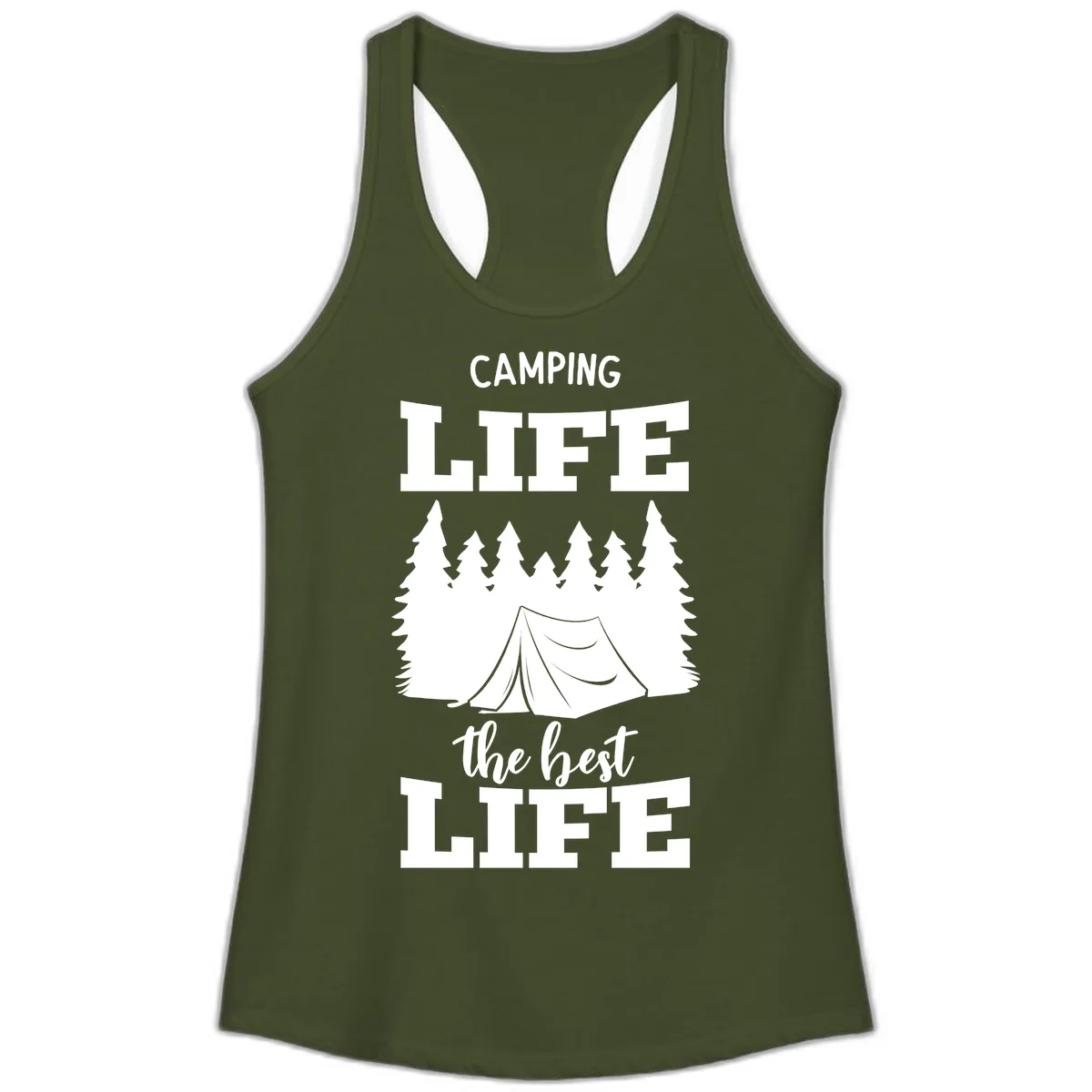 Camping Life The Best Life Ladies Tank in Solid Military Green
