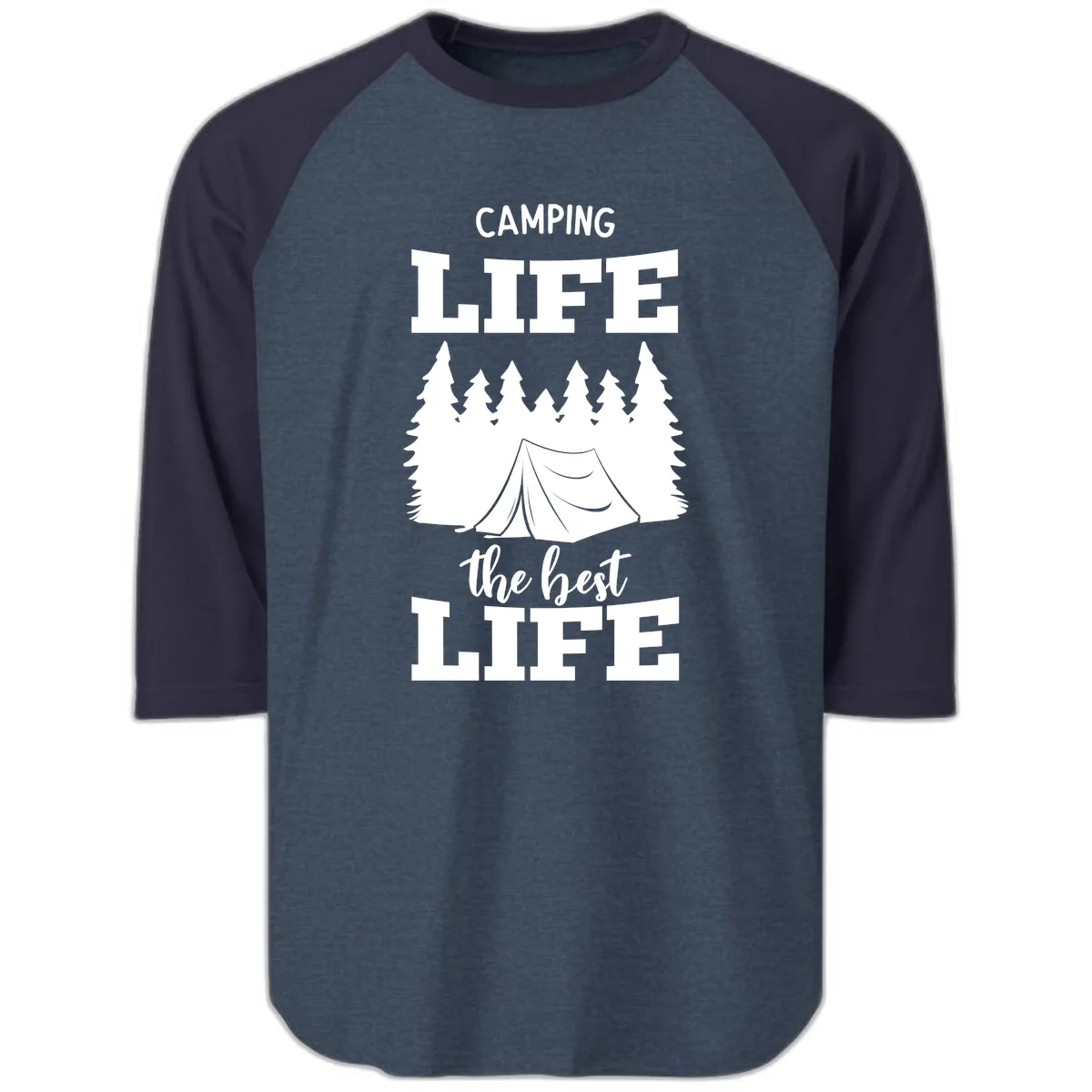 Camping Life The Best Life Raglan 3/4 in Heather Denim Navy