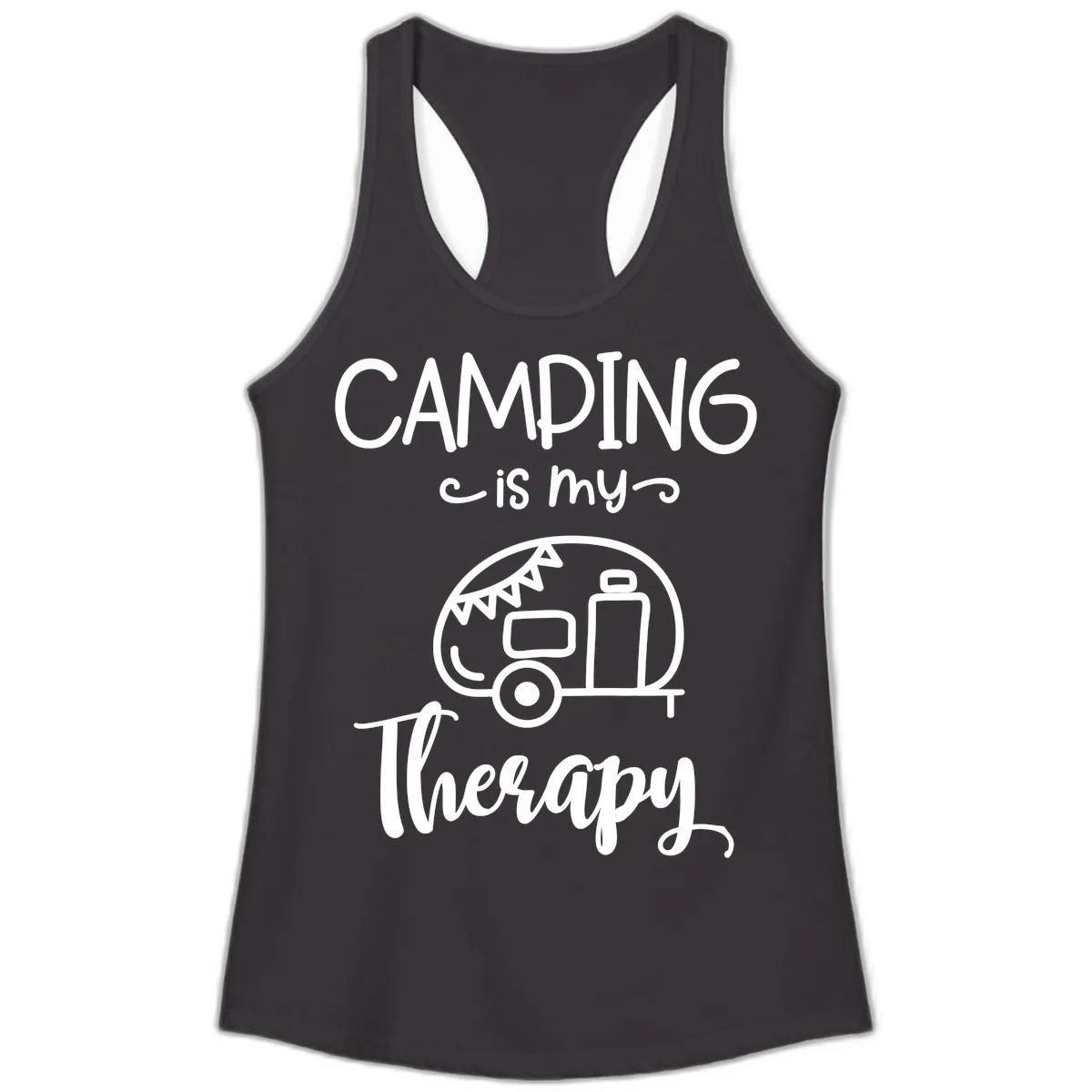 Camping Is My Therapy Ladies Tank in Black