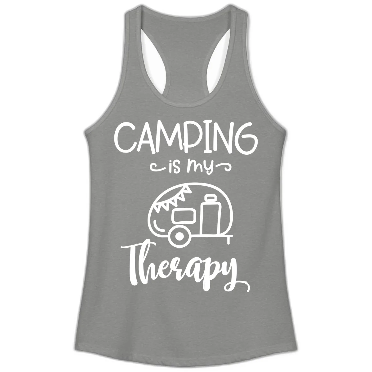 Camping Is My Therapy Ladies Tank in Heather Grey