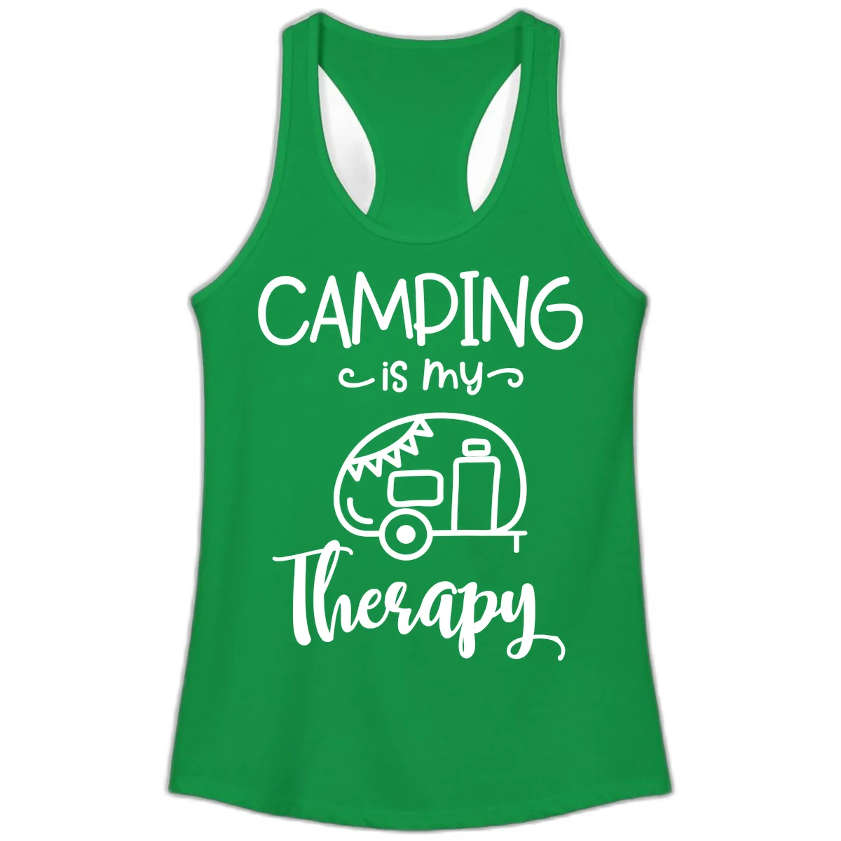 Camping Is My Therapy Ladies Tank in Solid Kelly Green