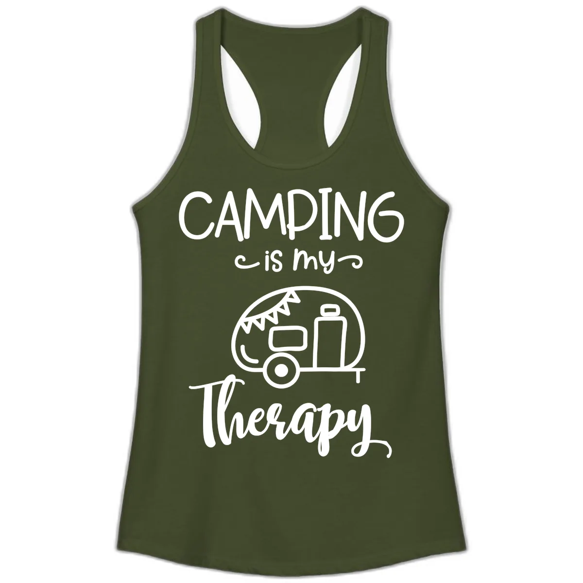 Camping Is My Therapy Ladies Tank in Solid Military Green