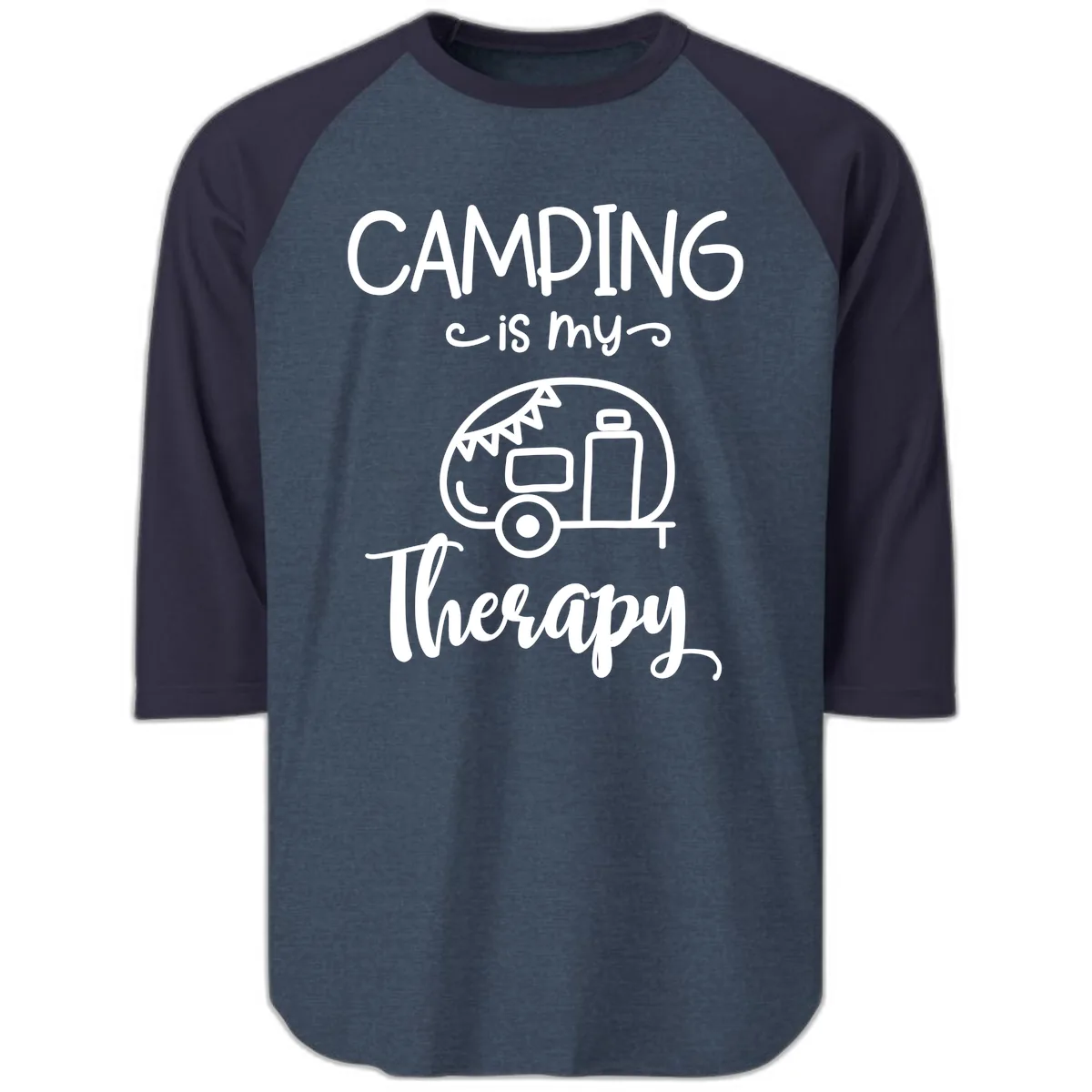 Camping Is My Therapy Raglan 3/4 in Heather Denim Navy