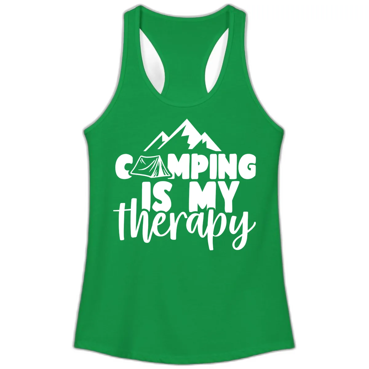 Camping Is My Therapy Ladies Tank in Solid Kelly Green