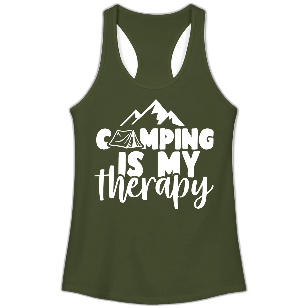 Camping Is My Therapy Ladies Tank in Solid Military Green