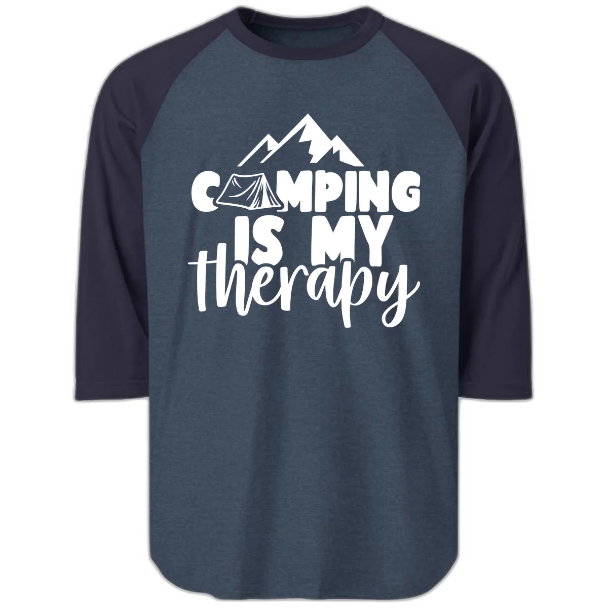 Camping Is My Therapy Raglan 3/4 in Heather Denim Navy